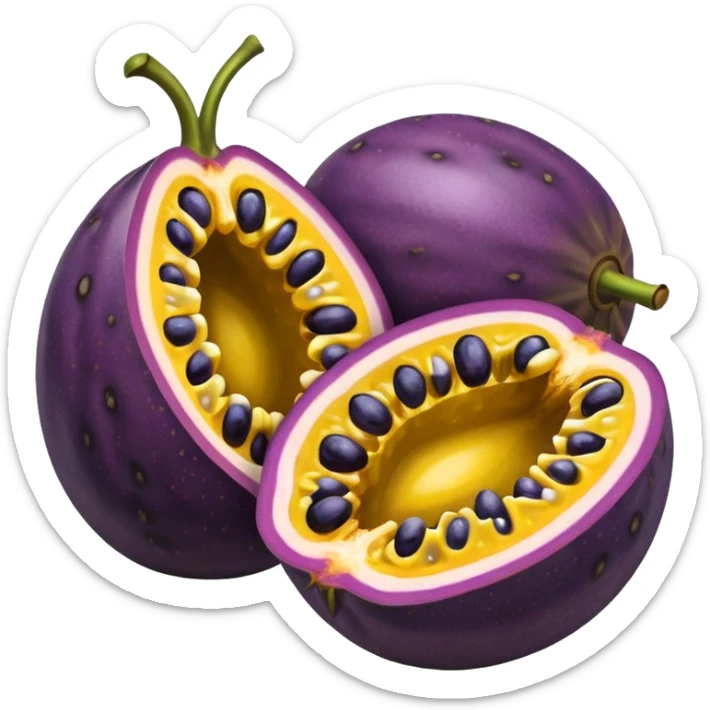 whole round purple passion fruit with slightly wrinkled matte skin next to halved piece showing vibrant yellow pulp with glossy black seeds juicy jelly-like texture bold contrast between rind and interior no leaf spoon or extras soft lighting subtle shadows emoji scale sticker