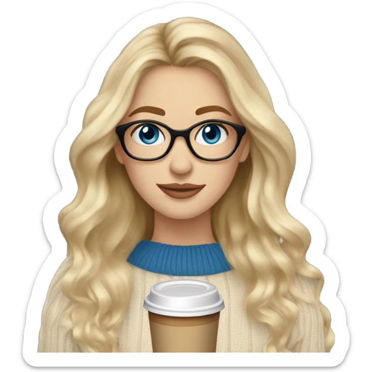 Blonde balayage long hair white women beige sweater blue eyes and small glasses holding coffee sticker