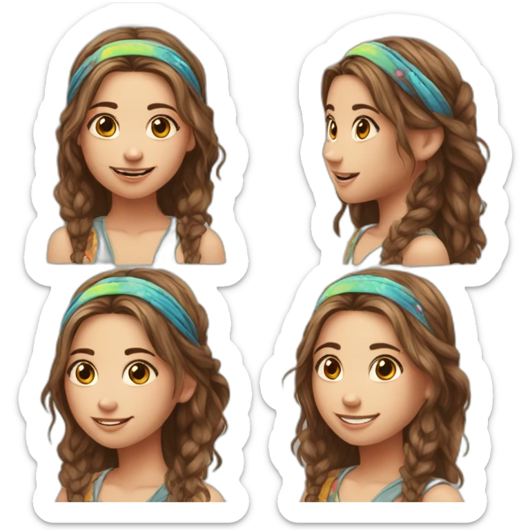 1girl, (hippie), brown hair,music festival, messy, ((high saturation)), ((best quality)), ((masterpiece)), ((realistic)), (detailed) chill, smile, polish girl, headband, looking to the side, sticker