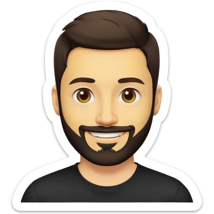 người đàn ông 35 tuổi, da vàng, tóc ngắn nhuộm màu nâu, râu quai nón đen hơi xoăn nhẹ, mặt cười tươi, áo màu đen sticker