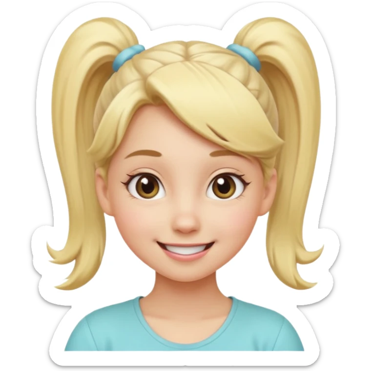 A playful blonde female cartoon character with wide, mischievous eyes, smiling, ponytail, dynamic pose suggesting movement, pastel colors, minimalistic and cute emoji style. sticker