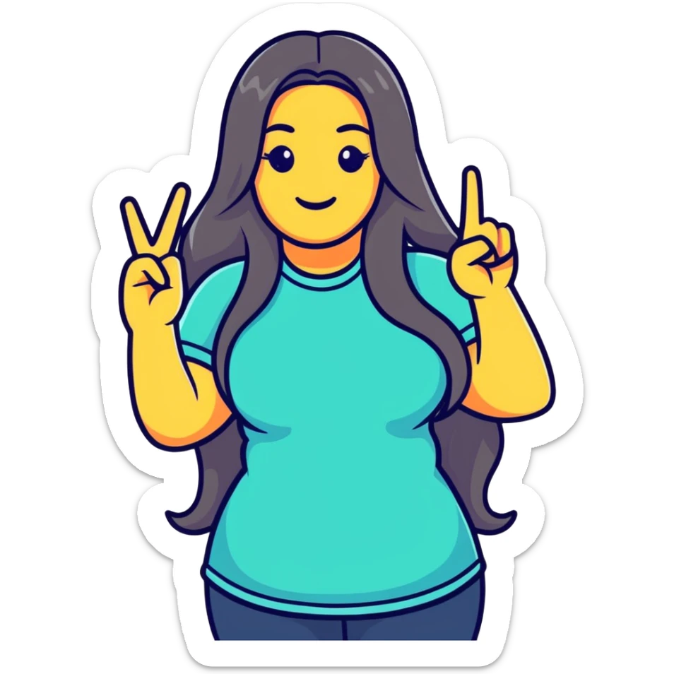 cartoon sticker of a curvy girl with long hair, making a peace sign, colorful and lively sticker