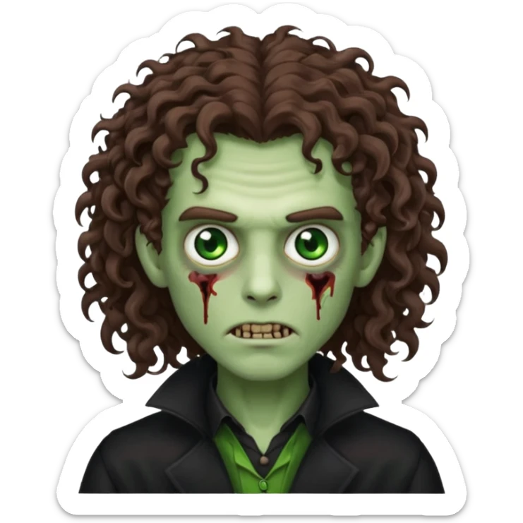 long curly haired male zombie with brown hair color and green eye color, with dark vampire clothes sticker