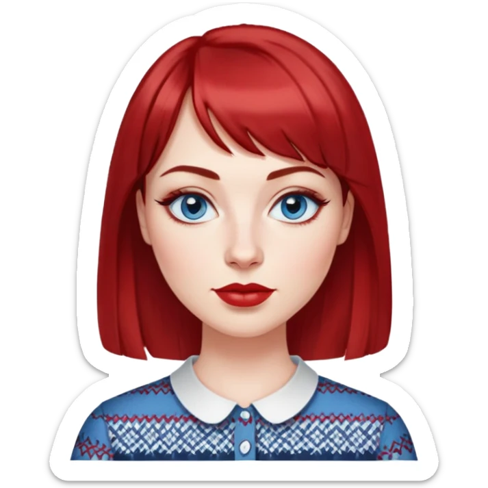 Woman in her 30s with clear white skin, oval face, large blue eyes with eyeliner, thin eyebrows, small nose, medium lips with red lipstick, dark red straight hair with bangs, wearing a red and white patterned shirt, friendly expression sticker