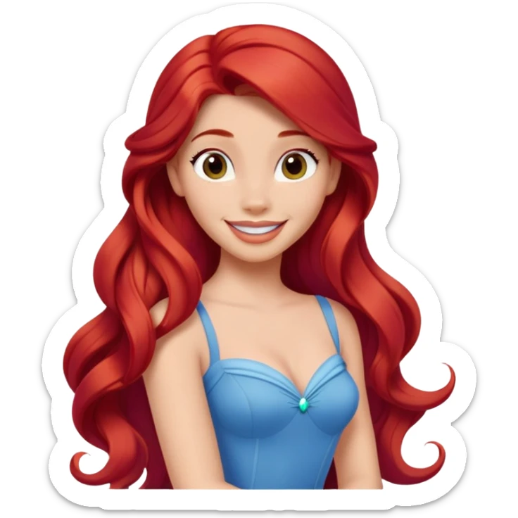 Disney human Ariel with long red hair wearing a blue dress, smiling sticker