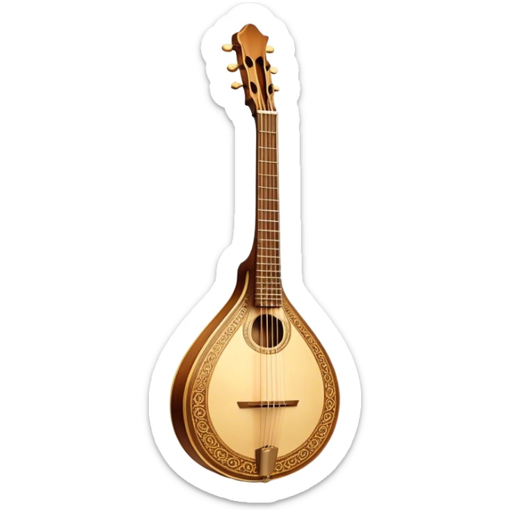 Bouzouki – Cinematic Realistic Bouzouki, depicted as a beautifully crafted Greek string instrument with a long neck and ornate fretwork, its polished wooden body reflecting warm golden light, set on a rustic background with soft shadows that evoke traditional Mediterranean music. sticker