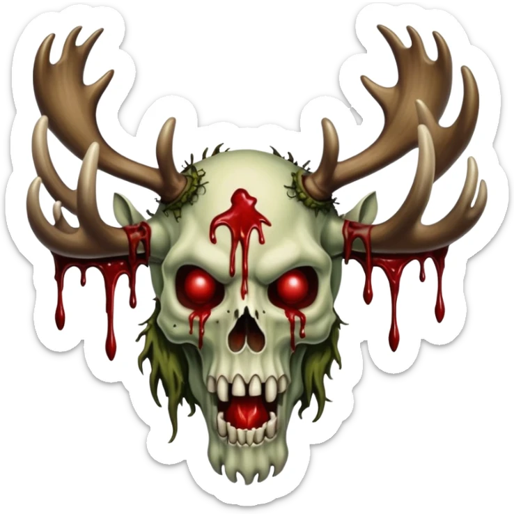 A giant looming Alaskan zombie Titan with blood dripping moose antlers and covered in moss and blood. In the style of your bleeding skull art sticker