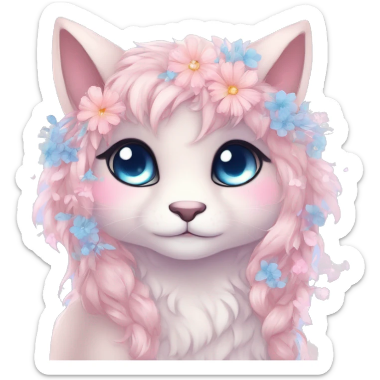 Anthro Cute Cool Blushing Pastel Innocent Shy Kawaii gorgeous sparkly ethereal fantasy anime animal creature with blue eyes furry sona with flowers and ribbons beautiful aesthetic sticker