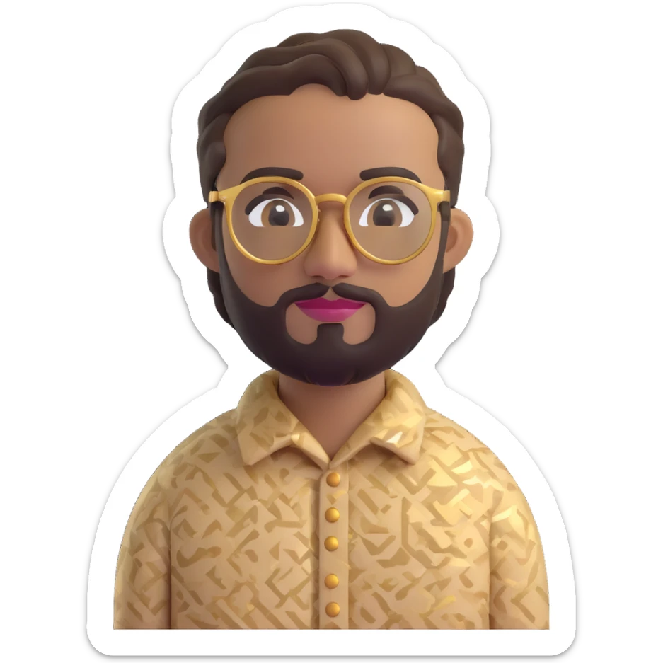 portrait of a man with short braids, trimmed beard, wearing gold glasses and a beige patterned shirt, 3D emoji style, inspired by the reference photo sticker