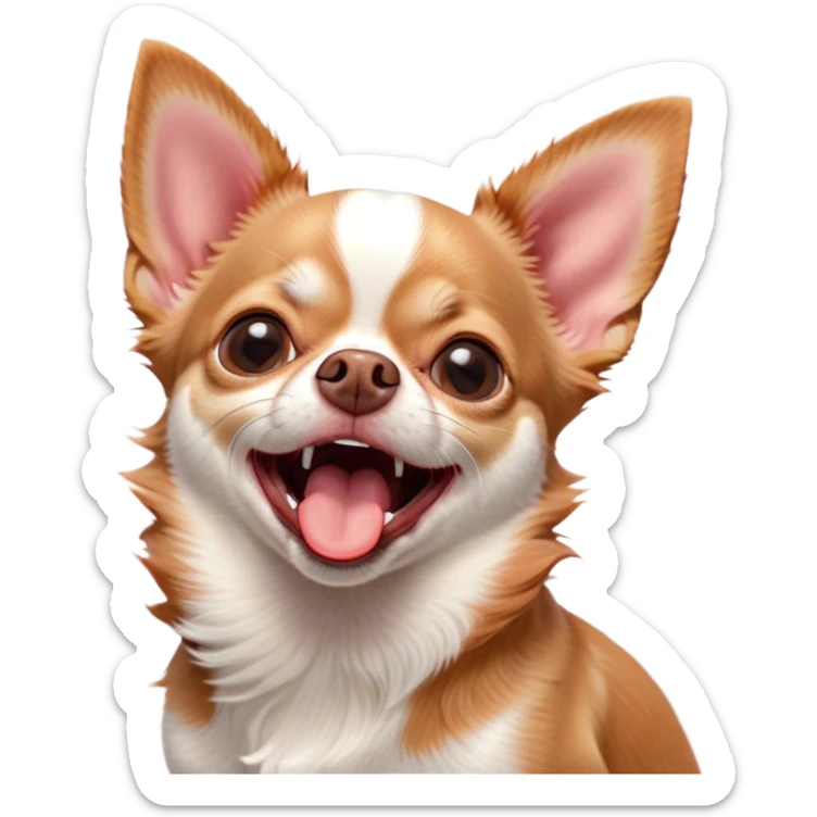 Cinematic Cute Yawning Red/White Short Haired Chihuahua Portrait Emoji, Head tilted slightly with a dramatic, wide-open yawn, soft red and white fur with a smooth texture, floppy ears slightly drooping, round dark eyes barely open in drowsy contentment, Simplified yet irresistibly adorable features, highly detailed, glowing with a soft, cozy glow, high shine, relaxed yet expressive, stylized with a touch of whimsy, bright and endearing, soft glowing outline, capturing the essence of a sleepy yet affectionate pup, so drowsy it feels like it could stretch right out of the screen and curl up for a nap! sticker