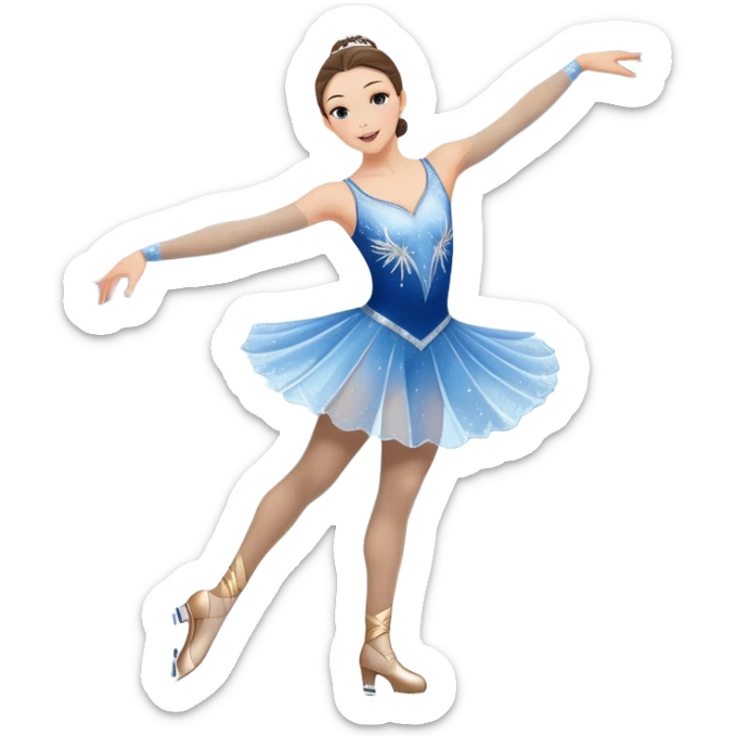 An icon showing a graceful figure skater mid-spin on a sparkling ice rink, wearing an elegant costume. The background features festive arena lights, snowflakes, and cheering spectators. Transparent background captures the beauty, artistry, and elegance of figure skating. sticker
