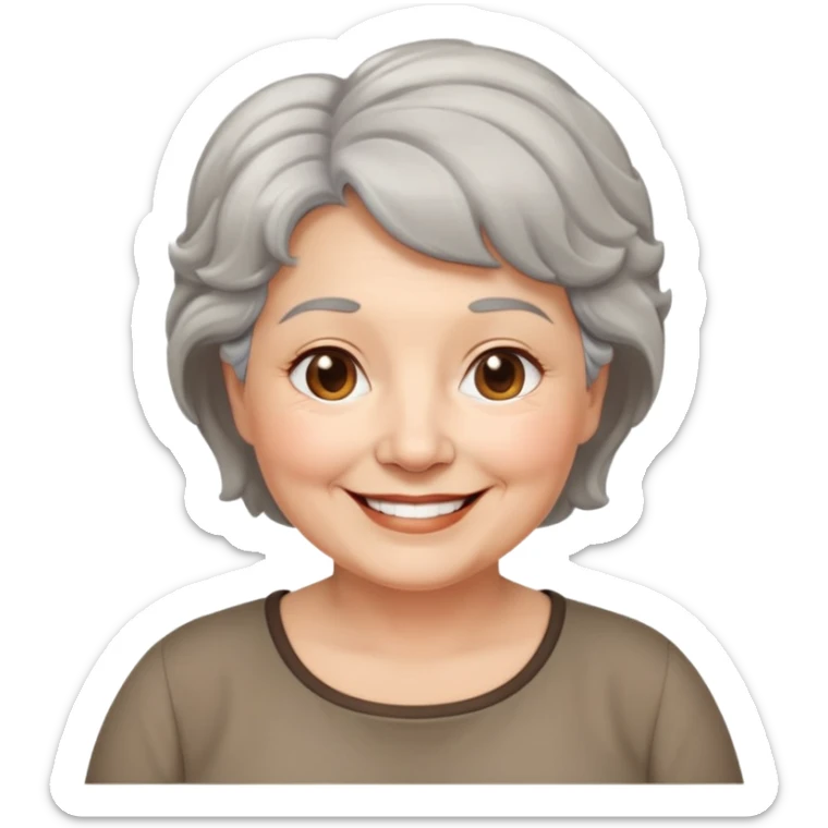 Bà lão 60 tuổi, da vàng, mặt bầu bĩnh, tóc ngắn màu bạc, tóc hơi xoăn, mặt cười tươi vui vẻ, áo nâu sticker