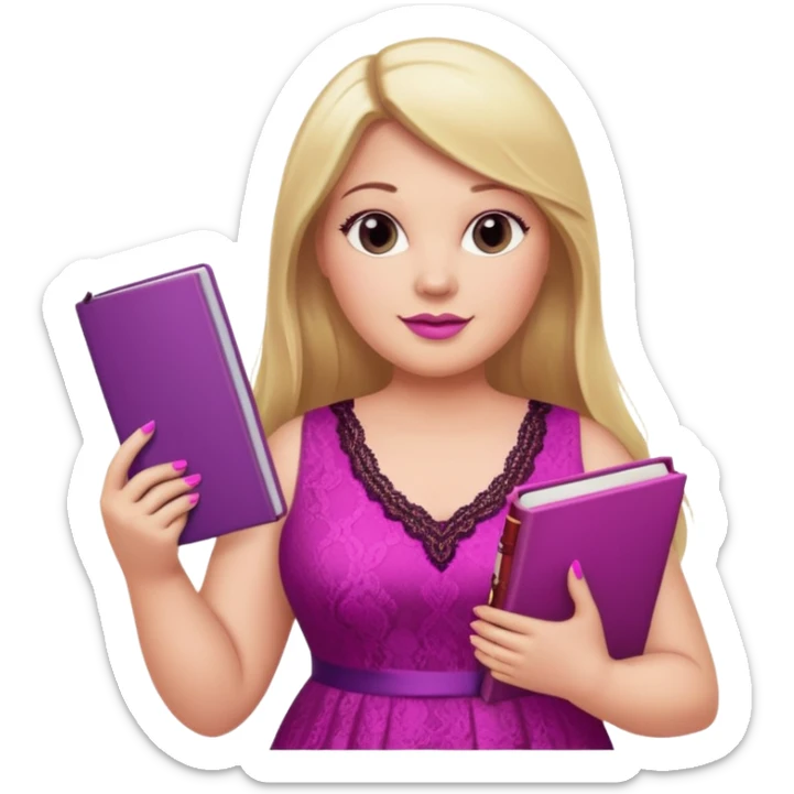 A plus-size white woman with long, straight blonde hair is wearing a magenta lace sleeveless dress. She is standing with magenta nail polish and holding a book and a crayon.. sticker