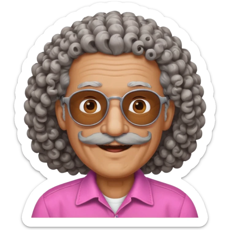 old guy with very curly hair and brown shades and big  pink mustache sticker