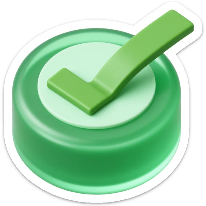 green checkmark button with glassy effect and subtle 3D depth, skeuomorphism icon style sticker