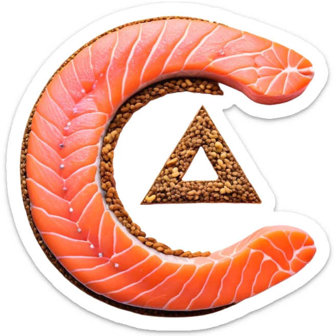 Floating arrangement of omega-3 rich foods: fresh salmon fillets, walnuts, flaxseeds, chia seeds and golden omega-3 capsules, all emitting a soft golden glow. The foods orbit around a central shimmering omega symbol, with gentle flowing energy connecting them. sticker