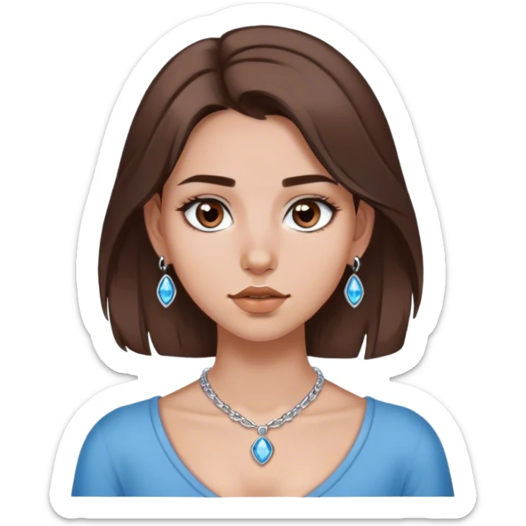 Girl with medium length brown hair, brown eyes, and silver septum piercing, silver earrings, and silver necklace with blue gem sticker