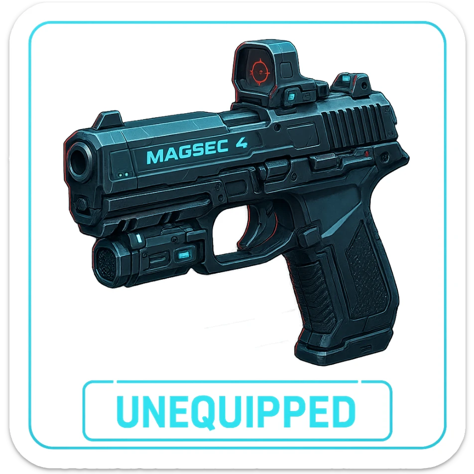 the image is the icon for a videogame  item. futuristic cyberpunk -ready to equip- it is master craftsmanship [ unequipped item ]
It is a magsec4 pistol with a mini-holo - neatly staged 3/4 profile view sticker