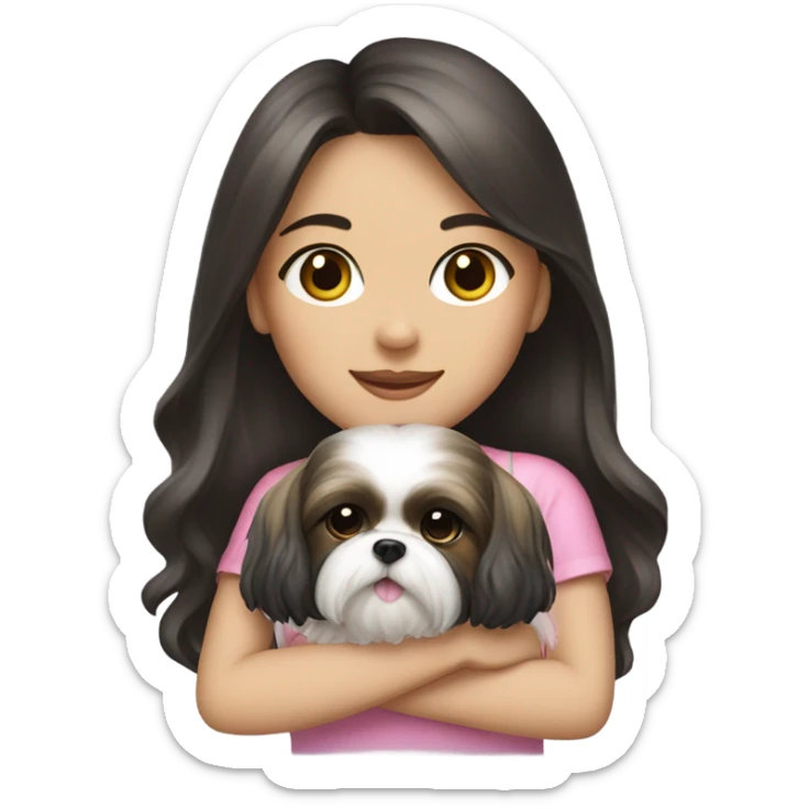 A girl with long dark hair and on her left shoulder and neck is a cute female shih tzu with pink bow sticker