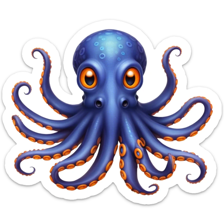 Cinematic Realistic Noble Octopus Portrait Emoji, Poised and majestic, with a sinuous, flowing body in vivid orange accented by intricately detailed blue rings, and intelligent, penetrating eyes that reflect ancient ocean lore; rendered with lifelike texture and natural iridescence, high shine, intelligent and formidable, styled with an aura of mystical marine power, focused and attentive, soft glowing outline, capturing the essence of a watchful and confident octopus that appears ready to glide out of the screen with timeless authority! sticker