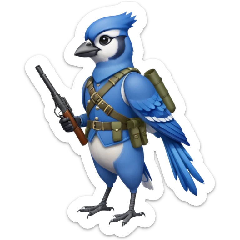 A bluejay bombadier, grenadier, military uniform, bandolier of grenades, bombs, side profile, feet included  sticker