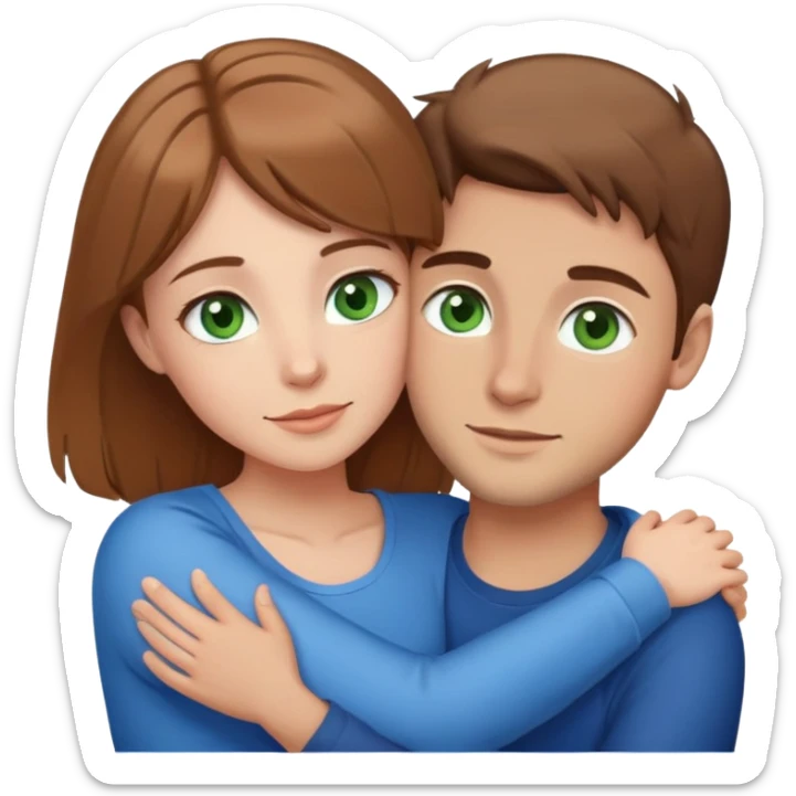 cute couple hugging, girl with light brown hair and green eyes, guy with brown hair and blue eyes sticker