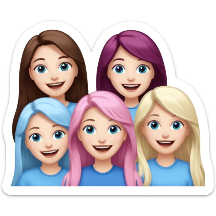 four adult white women laughing and smiling.  Two have long dark brown hair.  One has long pale pink hair and blue eyes. one has with blue eyes and light blonde hair. sticker