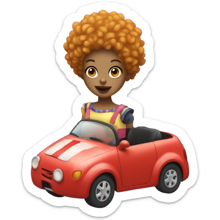 girl with curly hair that is dressed a clown with a clown nose driving small car sticker