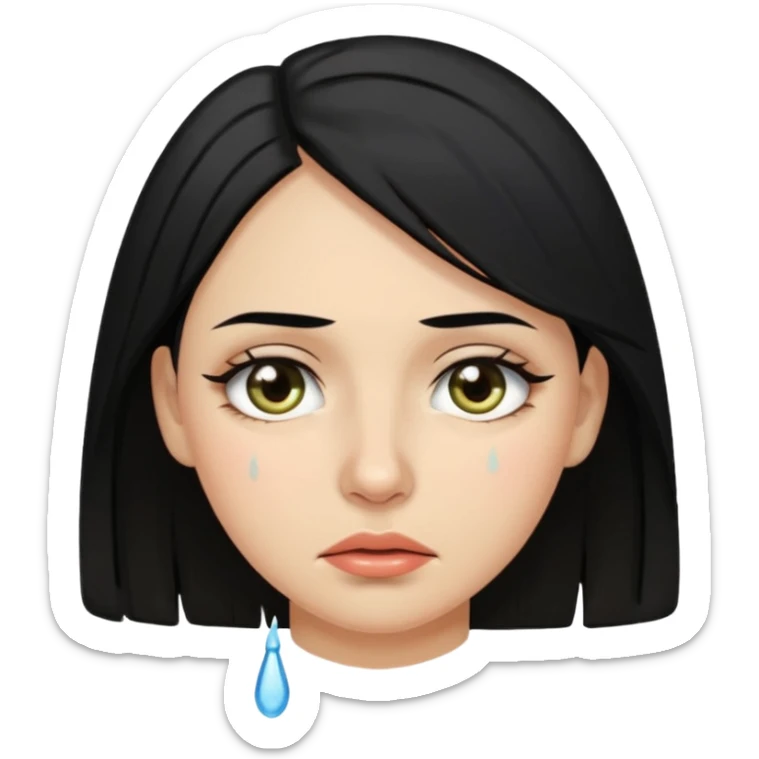 A woman in her late 20s with black hair with tears in her eyes and a look of hunger sticker