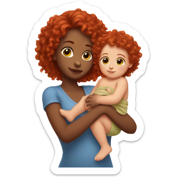 Female with red curly hair holding baby girl sticker