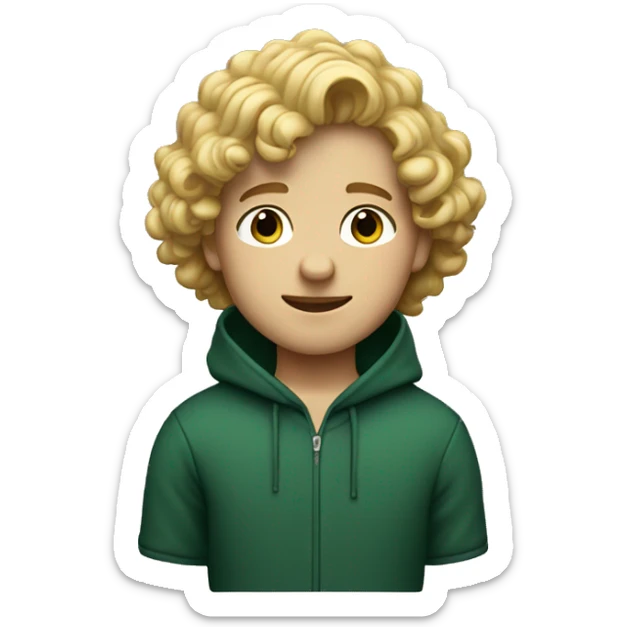 A boy with middle-lenght curly blonde hair wearing a dark green hoodie  sticker
