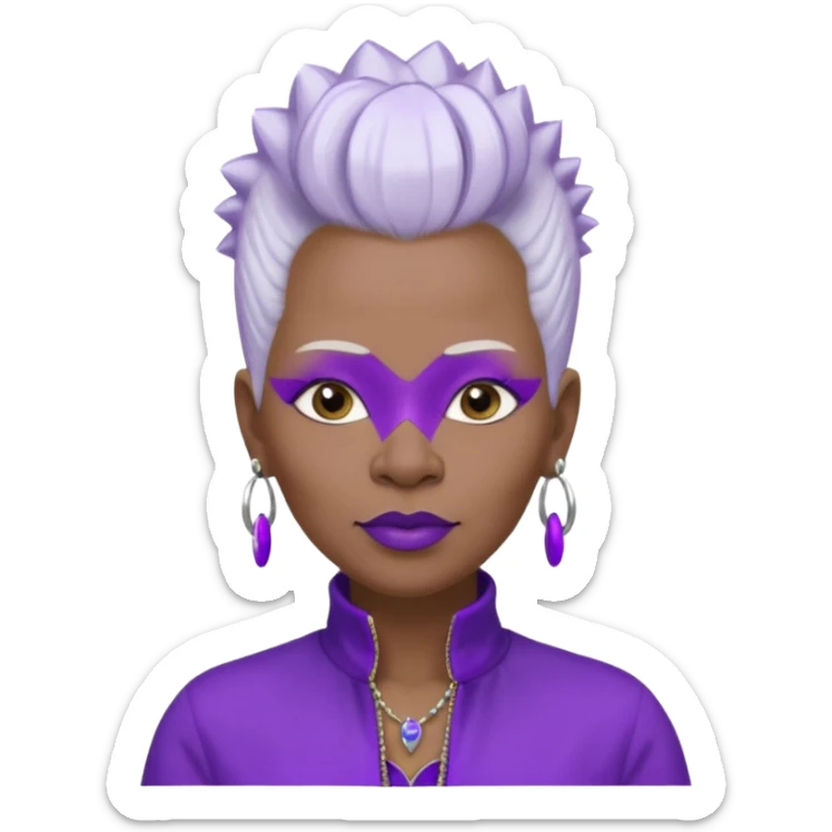 57yr old Qeen black woman with long oval shaped face with a white colored  natural hair mohawk style haircut adorning purple royalty clothing and purle lipstick, with 2 nose rings sticker
