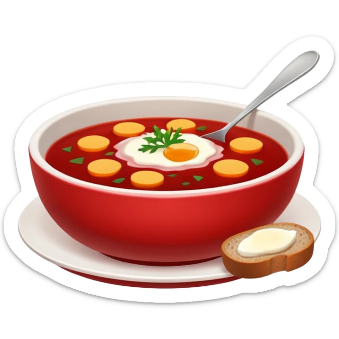 Russian cuisine avatar in clean emoji-style illustration. Borscht bowl, rye bread, warm red tones, simple shapes, flat design, high contrast, friendly and bold. sticker