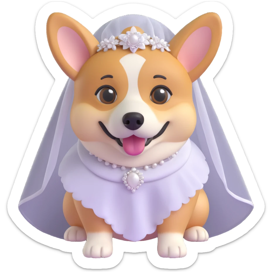 adorable female corgi in a wedding veil, 3d emoji style, hint of realism in eyes and nose sticker