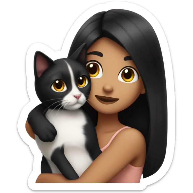 Tanned woman with long black hair hugging a black and white cat  sticker