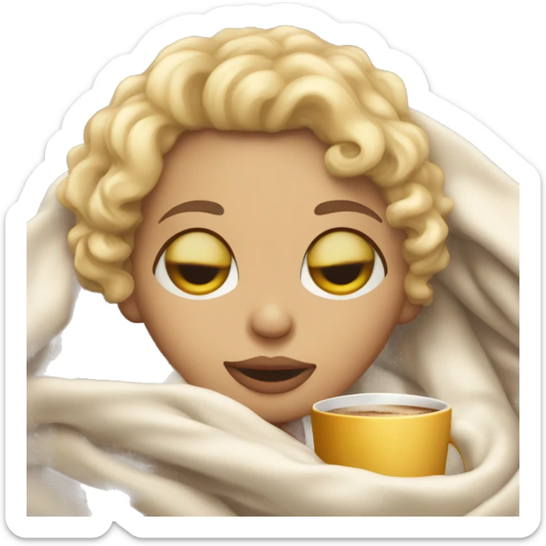 Blonde short hair curly girl inside a blanket sipping coffee eyes closed sticker