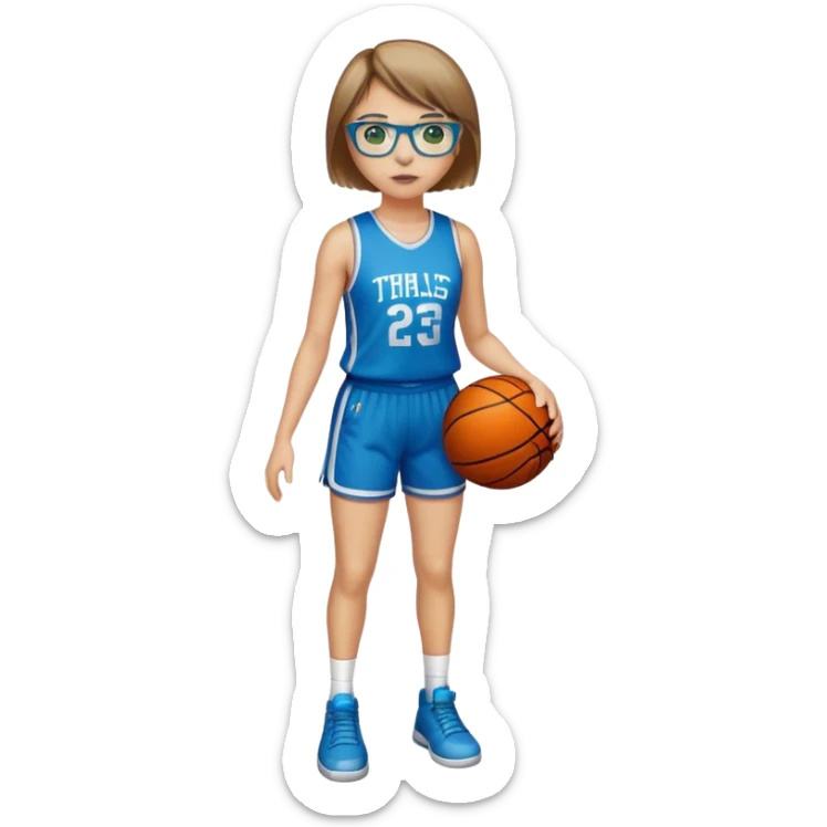 Full Body Girl with basketball real short brown hair with blond highlights wearing blue glasses with green eyes sticker