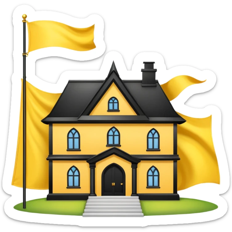 white background, magic school, black roof, with a big flag, big flag on a roof, big yellow flag, white school sticker