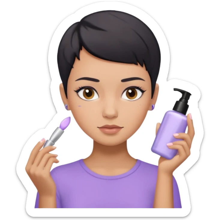 tan girl with pastel purple shirt with black hair & a pixie, doing her skin care sticker