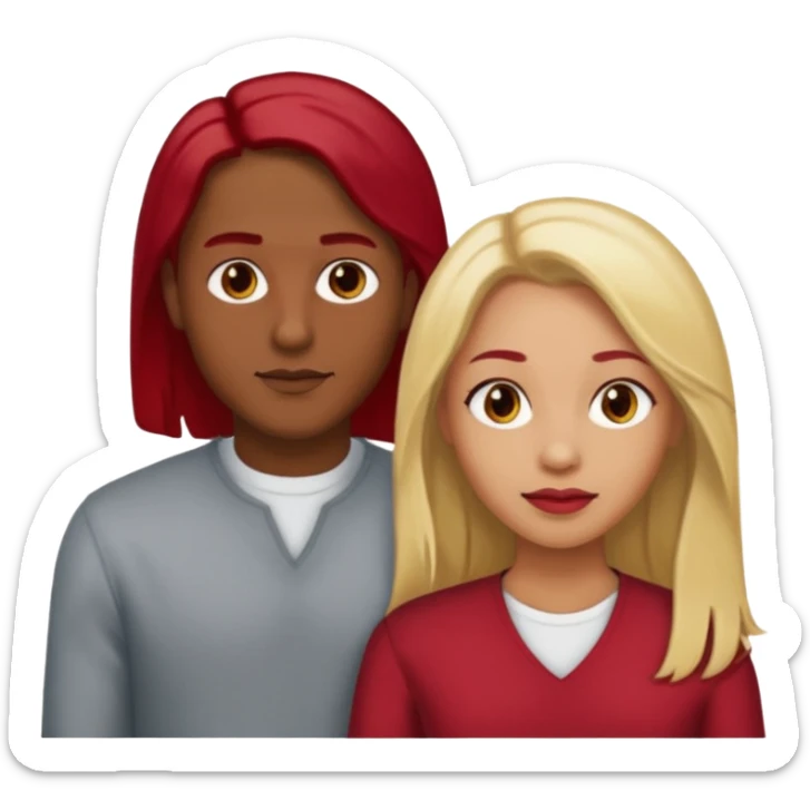 one male medium dark skin tone no hair and one woman light skin tone blonde highlights shoulder length hair and one woman light skin tone deep red long hair sticker