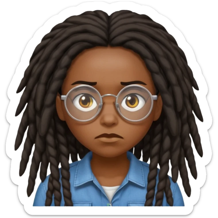 darker skin female with dark dreadlock hair wearing large round glasses saying no sticker