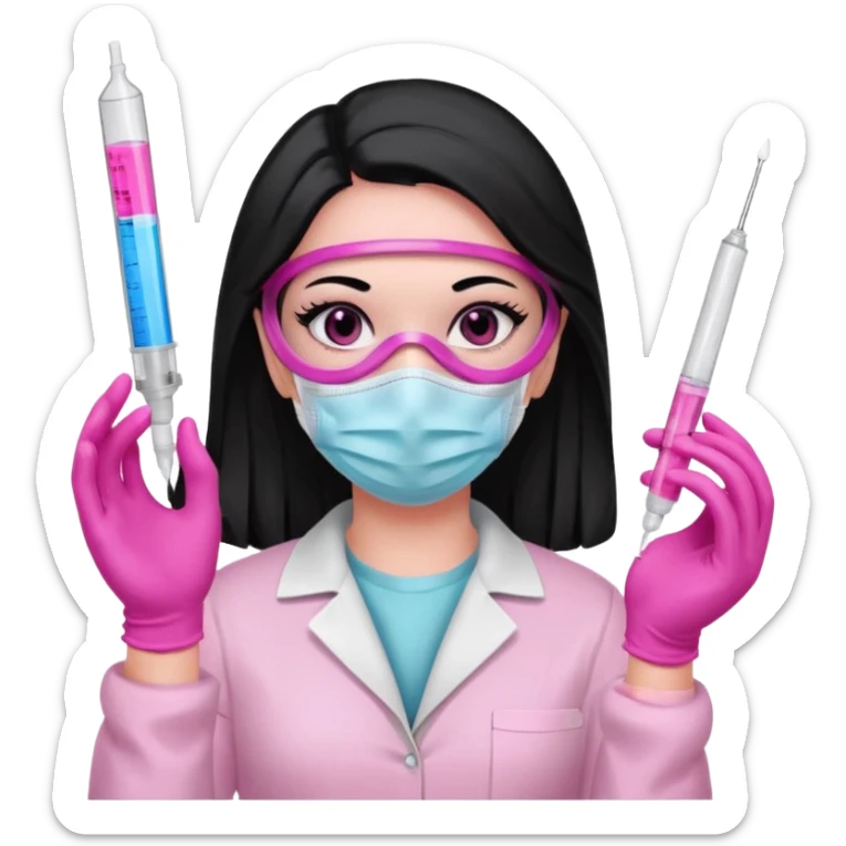laboratorista con guantes rosa y mascarilla rosa  jeringa tubo laboratorio sin lentes  y  ojos negros cabello largo negro color ojos oscuro sticker