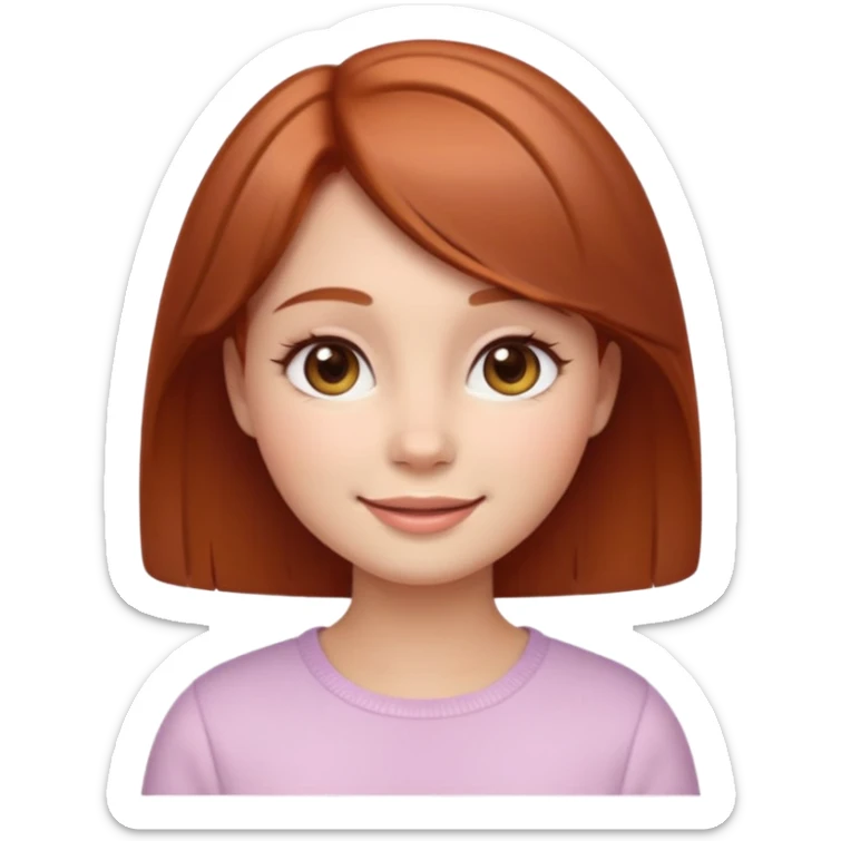 “Cute girly emoji portrait, warm friendly smile, short auburn hair with soft shine, rounded facial features, pastel color palette, subtle blush on cheeks, simplified facial details, soft gradient shading, cozy and feminine emoji style, clean light background. sticker