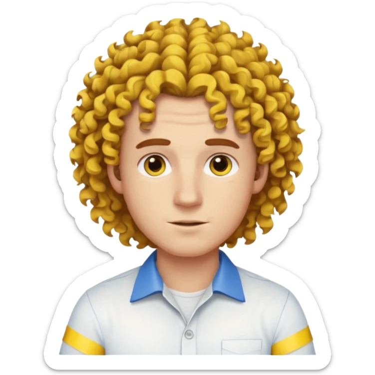 Make me an emoji that has a guy with a white shirt and yellow tape around the shirt with brown and blue spots hair make the hair curly sticker