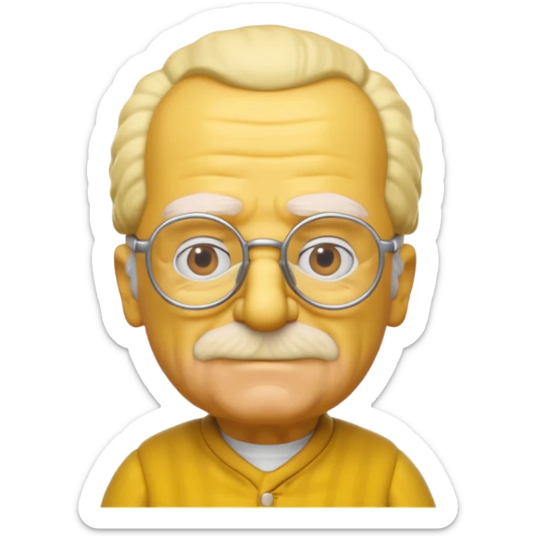 A 3D cartoon close-up of Grandpa Abe Simpson from The Simpsons, rendered in Memoji-style with bald yellow head, white tufts of hair on the sides, wrinkled face, glasses, and warm lighting. Match the Simpsons family color tone and style, yellow dress. sticker