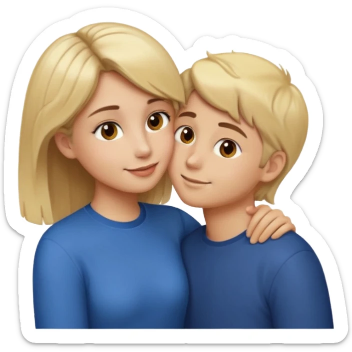a girl with blonde hair and brown eyes giving a kiss on the cheek to a boy with brown hair and brown eyes, emoji style sticker