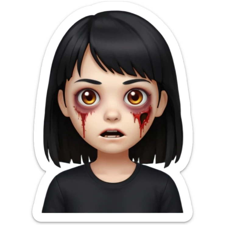 uma garota zumbi no formato Memoji da apple com o cabelo cumprido, preto liso e com franja, blusa preta sticker