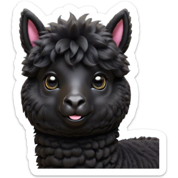 Cinematic Cute Black Alpaca Portrait Emoji, Head tilted playfully and inquisitively, featuring a plush, shiny jet-black fleece with a lustrous sheen, round, sparkling dark eyes filled with curiosity, Simplified yet irresistibly adorable features, highly detailed, glowing with a warm, friendly glow, high shine, affectionate and gentle, stylized with a touch of whimsy, bright and endearing, soft glowing outline, capturing the essence of a mischievous yet loving alpaca, so playful it feels like it could prance out of the screen and into your arms! sticker