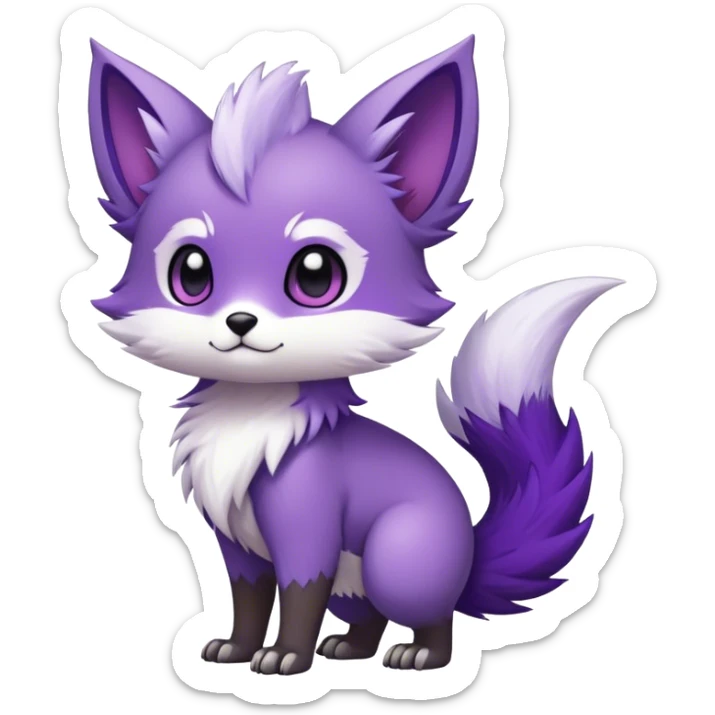  High quality Cute Cool Kawaii edgy Chibi Fur-Sona Purple fur, white belly, white tail tip, Fakemon-creature-animal-vernid-hybrid Full Body, facial markings sticker
