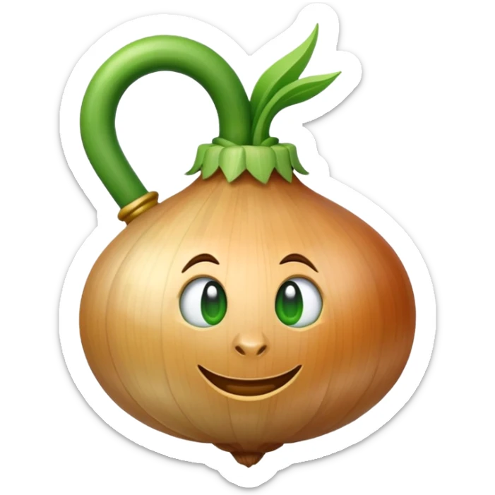 An onion emoji in the style of Apple emoji with a handle, a window, and a knocker. sticker
